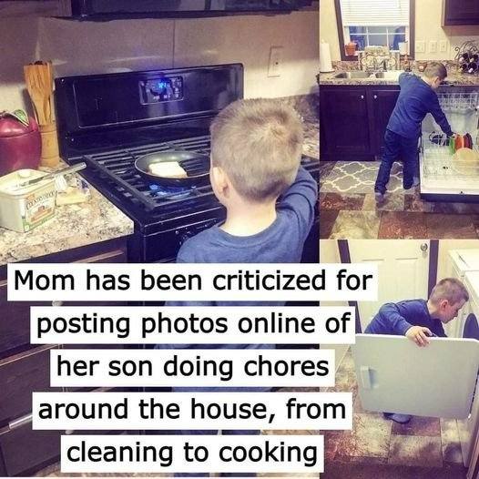 Mom received criticism for posting pictures of her kid performing housework, such as cleaning and cooking, online.